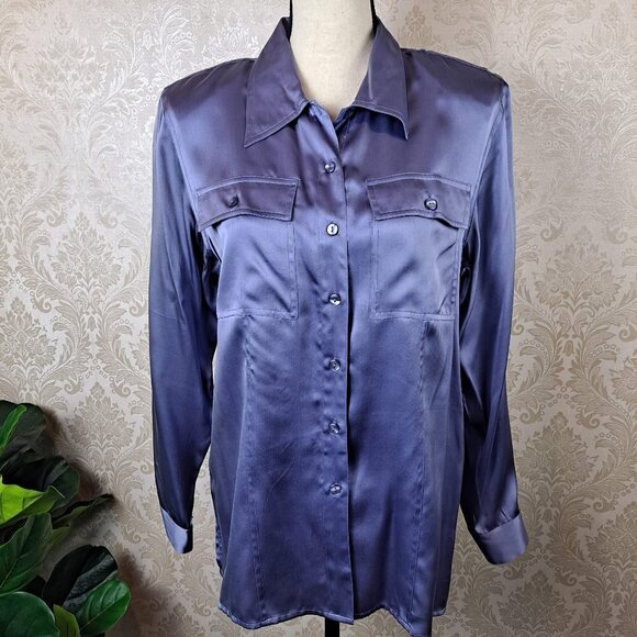 Anna and Frank Size Med Lavender Button Down Shirt 100% Silk Long Sleeve Pockets - Picture 1 of 12